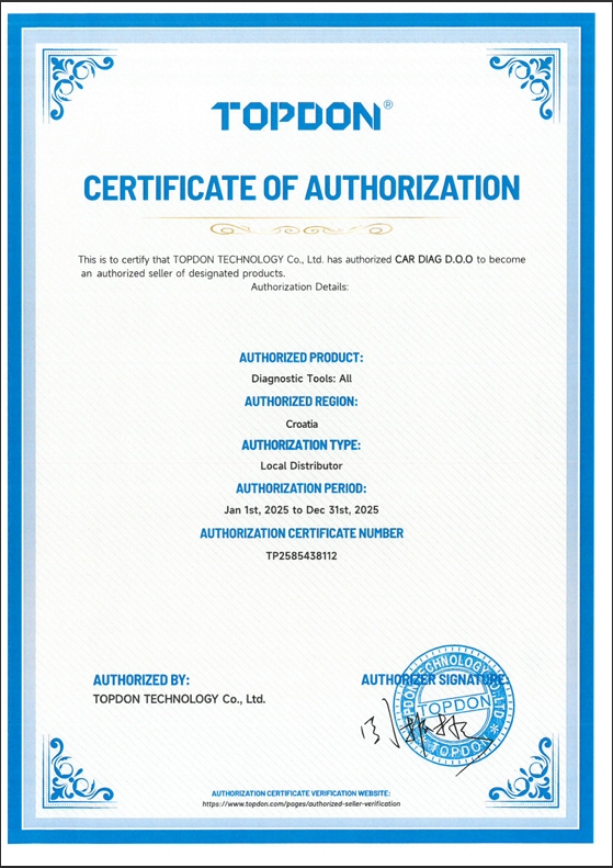 Topdon Certificate of Authorization
